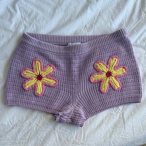 Lavender Crocheted Women’s Shorts with Yellow Daisy Appliqués
